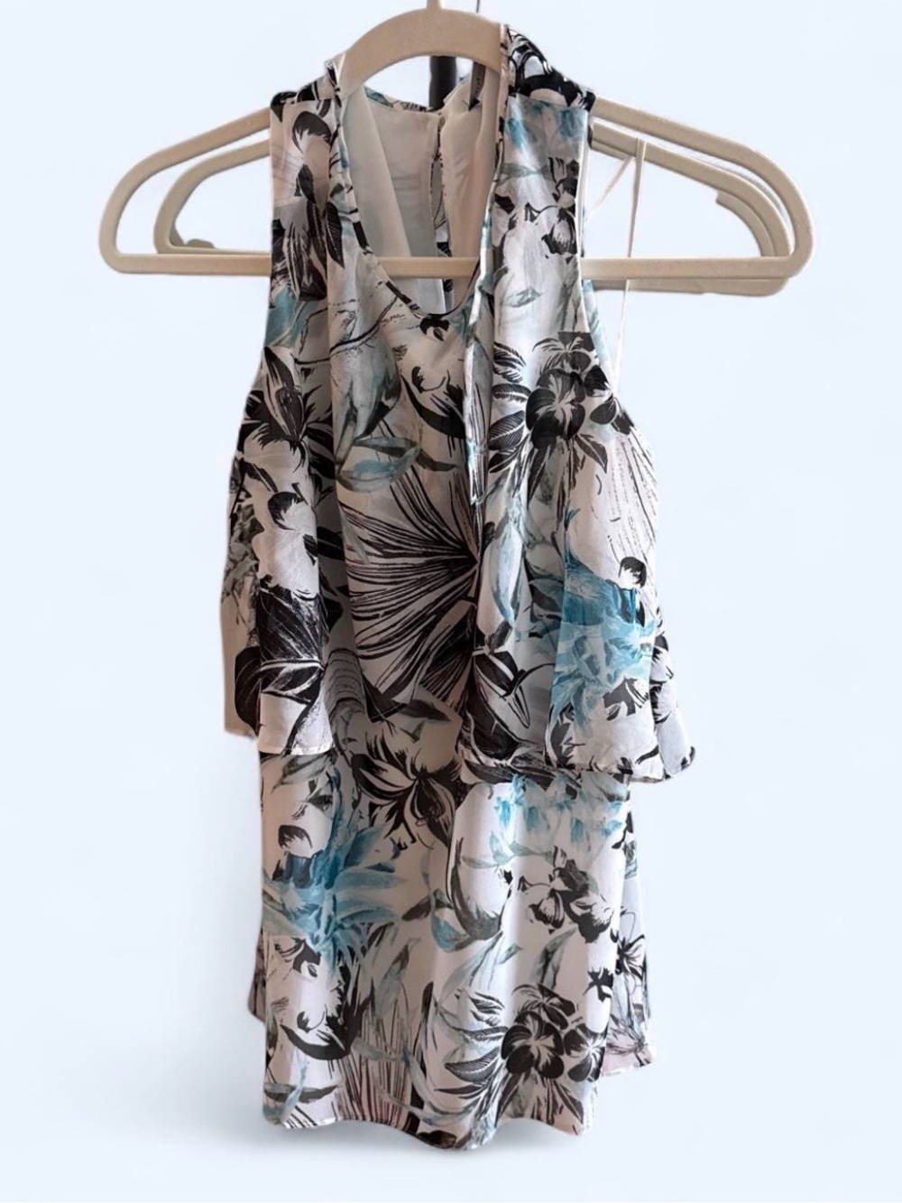 White House Black Market White, Black & Aqua Floral Halter Blouse
